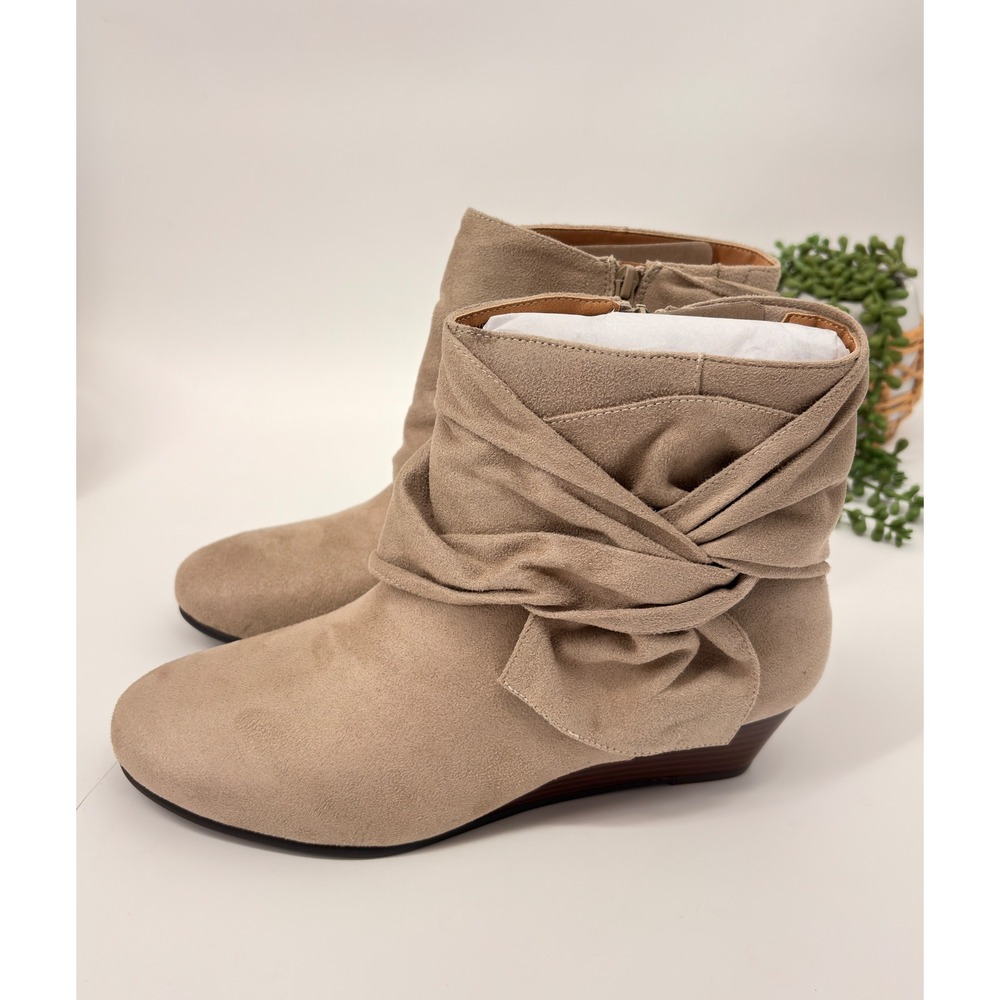 Comfortview Ankle Boots Womens 10W Taupe Suede Wedge‎ Slouchy Knot Bootie